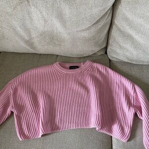 Cotton Candy Ribbed Cropped Crewneck Sweater - Light Pink